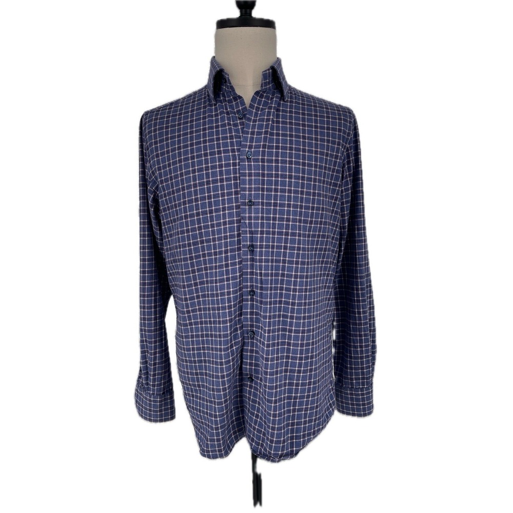 Emanuel Berg Modern Fit Blue Plaid Button Down M/L Long Sleeve Cotton